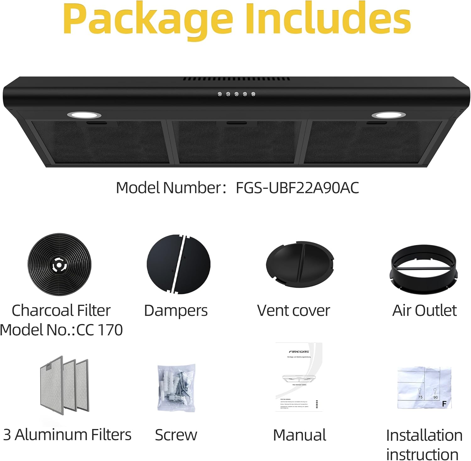 FIREGAS 36 Inch Black Under Cabinet Range Hood, 300 CFM Ducted/Ductless Convertible Kitchen Hood with 3-Speed Stove Vent Fan, LED Lights, Aluminum Filters & Charcoal Filters